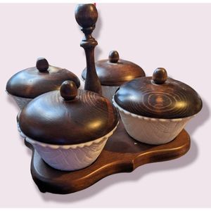 MCM Milk Glass Wood Covered Lazy Susan Condiment Holder